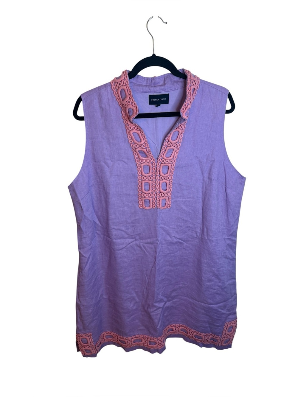 French Curve Lilac and Baby Pink Embroidered Preppy Linen Mini Shift Dress